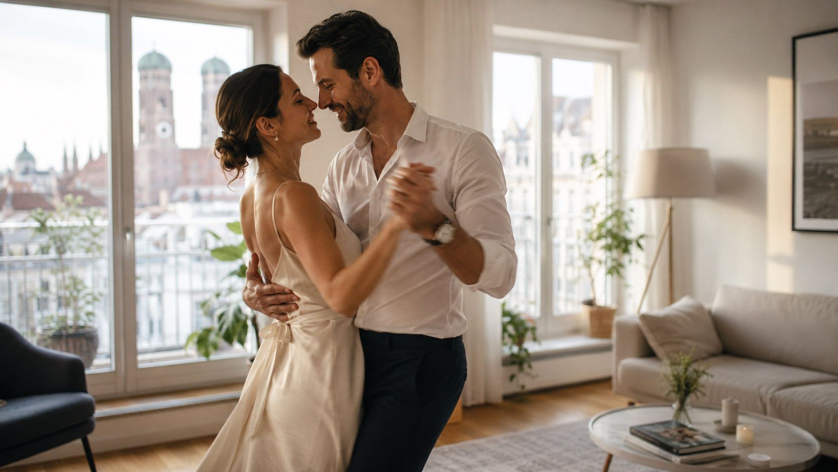Ein Pärchen übt seinen Hochzeitstanz im heimischen Wohnzimmer